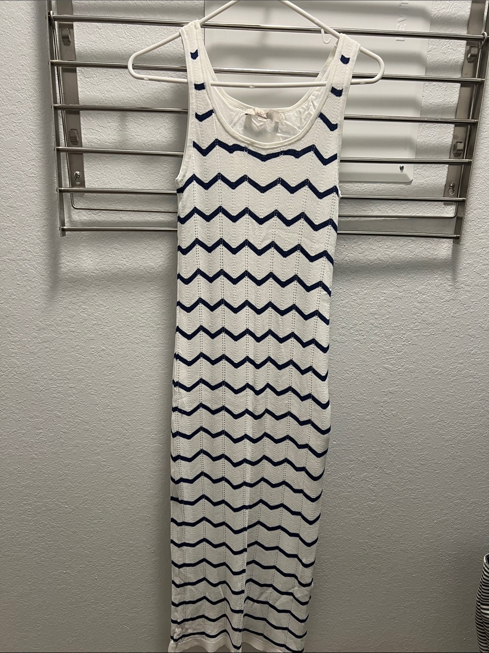 LOFT White Maxi Dress with Navy Chevron Stripes